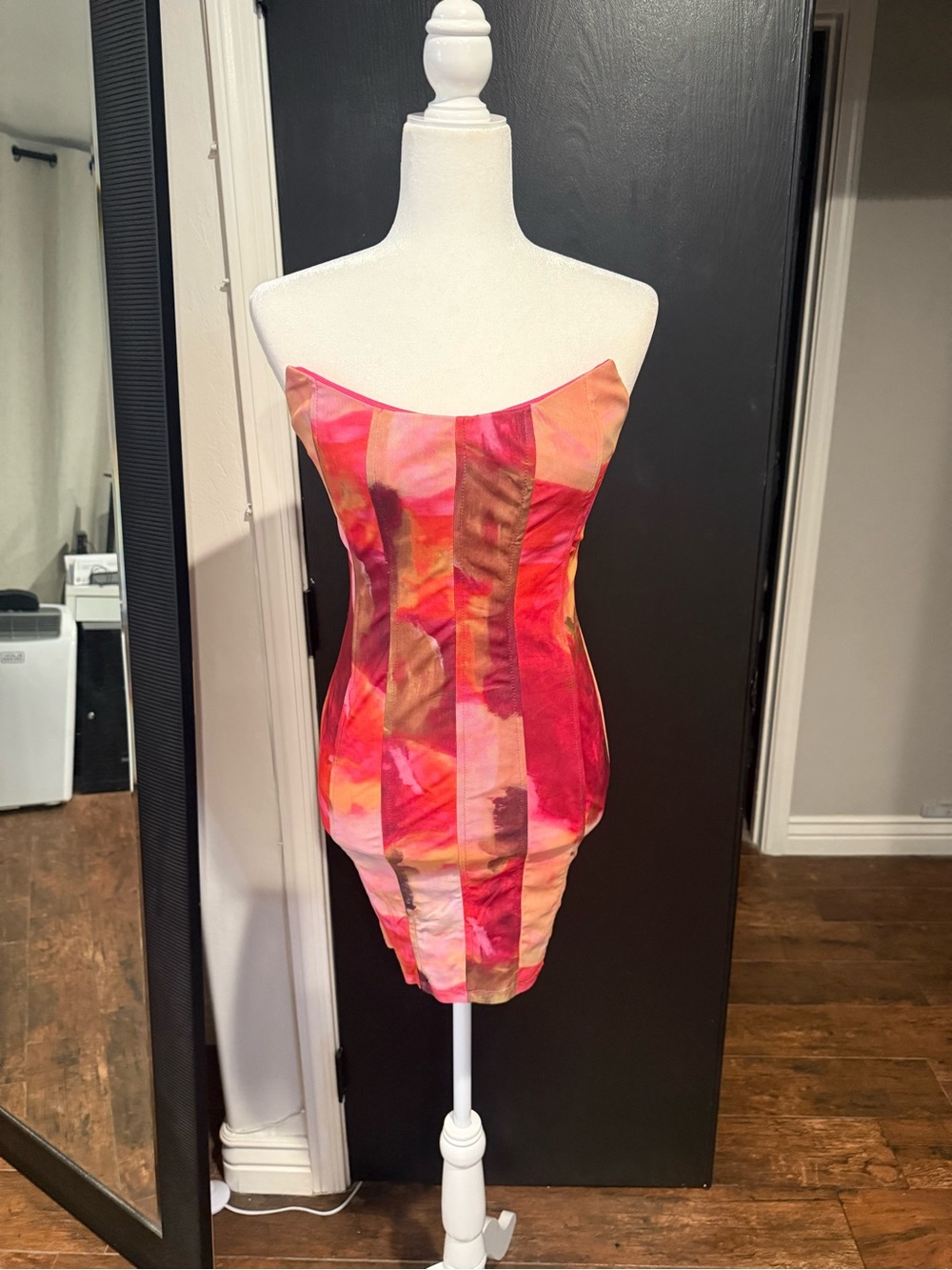 Fashion Nova Strapless Pink & Orange Abstract Bodycon Dress